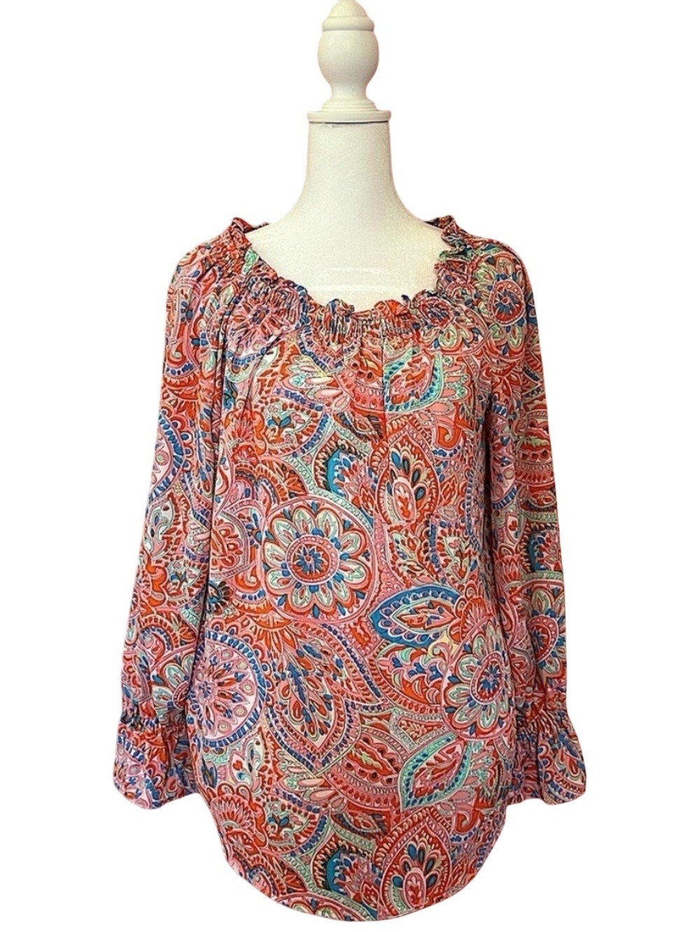 Talbots Paisley Peasant Blouse Long Sleeve Smocked Neck Ruffle Sleeve Boho sM
